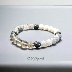 Moonstone, Tourmaline Quartz, Labradorite, Black Strawberry Quartz Bracelet 8mm